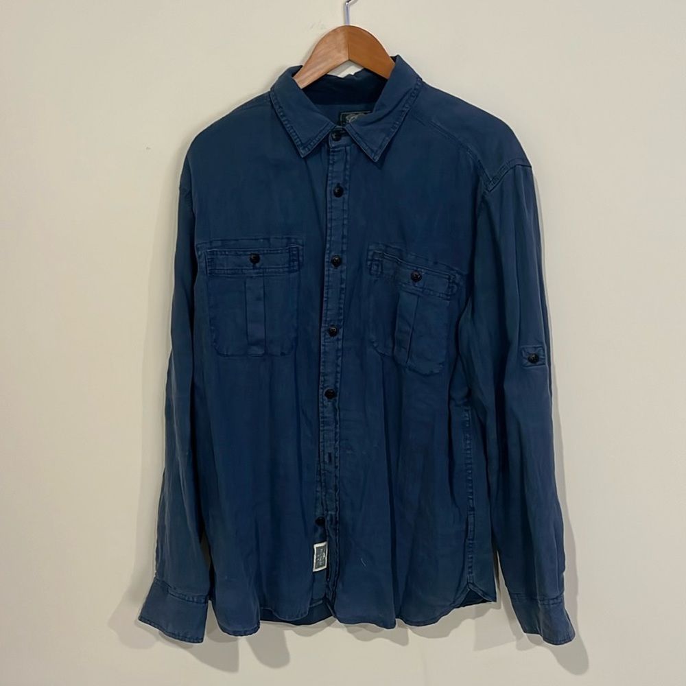 Roots Men’s blue linen button down shirt sz XL excellent condition